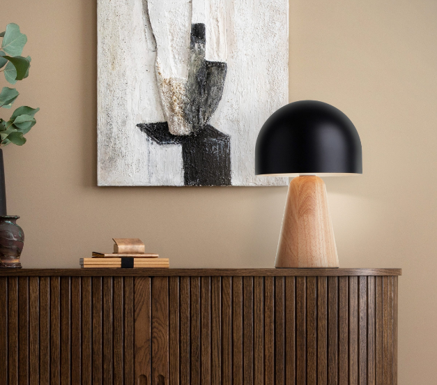 Pilz-Tischleuchte, 31 cm Höhe, Ø 20cm, Holz/Metall, schwarz/natur